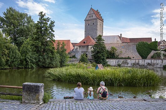 Am Rothenburger Weiher mit Blick auf das Rothenburger Tor mit Altstadt-Mauer (Dinkelsbühl)