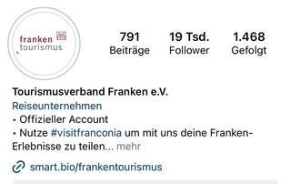 Instagram-Account "FrankenTourismus" erreicht 19k Follower (Stand: 1. August 2023)