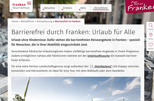 Rubrik "Barrierefreie Angebote" auf www.frankentourismus.de