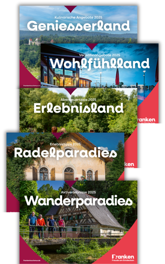 Coverseiten der fünf Themenzeitungen des Tourismusverbandes Franken für die Bewerbung der Angebote und Highlights im Jahr 2025.