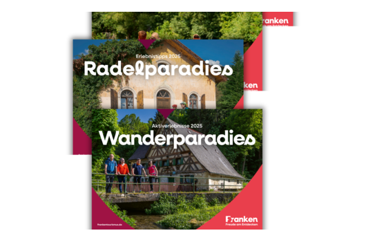 Coverseiten der fünf Themenzeitungen des Tourismusverbandes Franken für die Bewerbung der Angebote und Highlights im Jahr 2025.