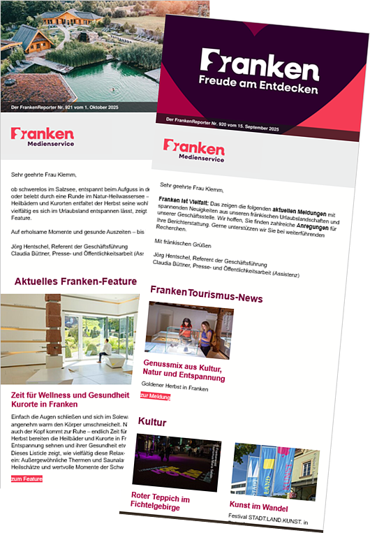 Zwei Newsletter mit Überschriften und Bildern. Links: Naturheilwassersee, Wellness. Rechts: Logo "Franken", Tourismus-News.