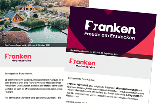 Zwei Newsletter mit Überschriften und Bildern. Links: Naturheilwassersee, Wellness. Rechts: Logo "Franken", Tourismus-News.