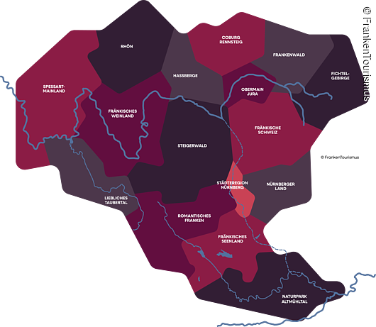Karte mit 16 namentlich genannten Regionen in Franken.