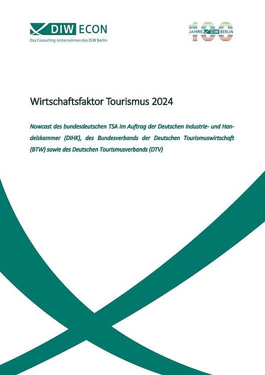 Titelblatt einer Studie mit dem Titel „Wirtschaftsfaktor Tourismus 2024“ und Logos von DIW Econ und 100 Jahre DIW Berlin.