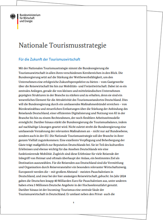 Titelblatt der Nationalen Tourismusstrategie des Bundesministeriums für Wirtschaft und Energie, Textauszug sichtbar.