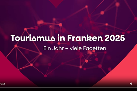 Text „Tourismus in Franken 2025 Ein Jahr – viele Facetten“ vor abstraktem Netzwerk-Hintergrund in Rot- und Violetttönen.