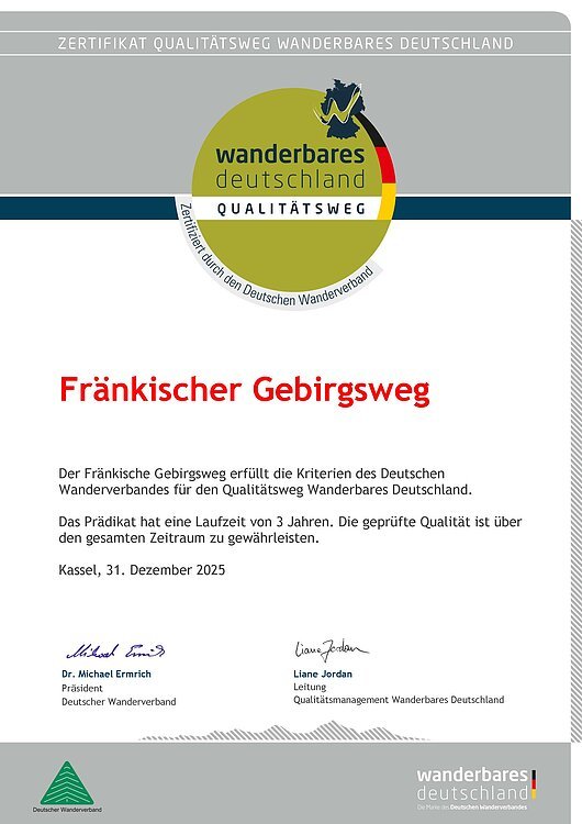 Zertifikat für den Fränkischen Gebirgsweg als Qualitätsweg Wanderbares Deutschland.