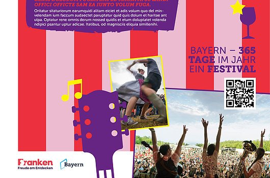 Kampagne "Franken geHÖRT erlebt" 2026 Plakat mit roten und rosa Streifen, gelbem Text "Franken gehört erlebt", Musik- und Festival-Symbolen, Fotos von tanzenden Menschen und einer Konzertbühne.