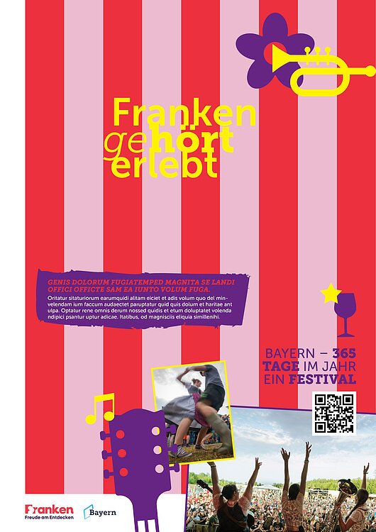 Plakat mit roten und rosa Streifen, gelbem Text "Franken gehört erlebt", Musik- und Festival-Symbolen, Fotos von tanzenden Menschen und einer Konzertbühne.