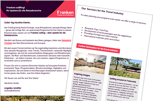 Trade-Newsletter (deutsch und englisch) Zweiseitiges Informationsblatt mit Text zu Reiseangeboten in Franken und Bildern von Blumen, Stadtansichten und Radfahrern.