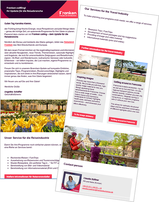 Trade-Newsletter (deutsch und englisch) Zweiseitiges Informationsblatt mit Text zu Reiseangeboten in Franken und Bildern von Blumen, Stadtansichten und Radfahrern.