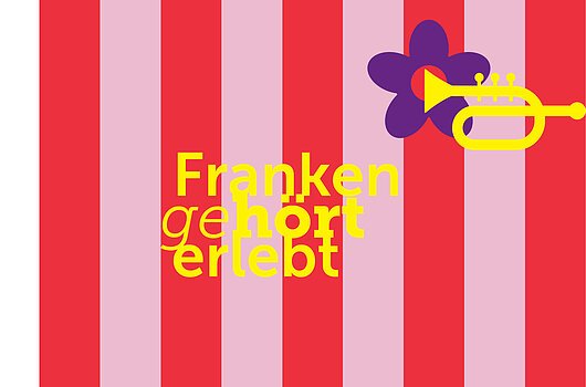 Plakat mit roten und rosa Streifen, gelbem Text "Franken gehört erlebt", Musik- und Festival-Symbolen, Fotos von tanzenden Menschen und einer Konzertbühne.