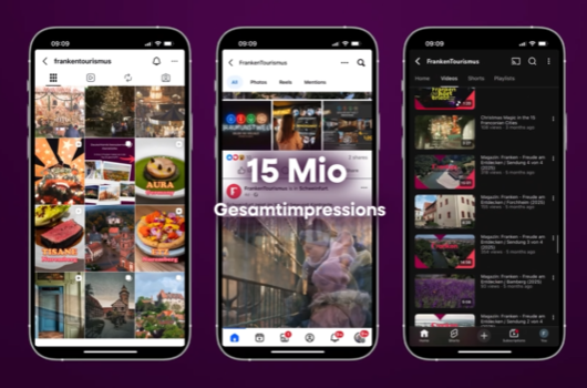Drei Smartphone-Bildschirme zeigen verschiedene Social-Media-Profile und Statistiken von FrankenTourismus.