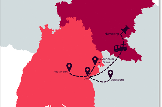 FrankenTour 2026 Baden-Württemberg und Bayerisch Schwaben Karte mit den Städten Reutlingen, Ulm, Heidenheim an der Brenz, Augsburg und Nürnberg in zwei farblich abgesetzten Regionen.